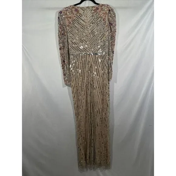 NWT $698 Mac Duggal [ 8 ] 5628 Long Sleeve Embellished Puff Sleeve‎ Gown Nude